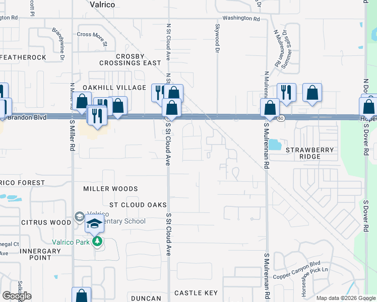 map of restaurants, bars, coffee shops, grocery stores, and more near 2911 Bear Oak Drive in Valrico