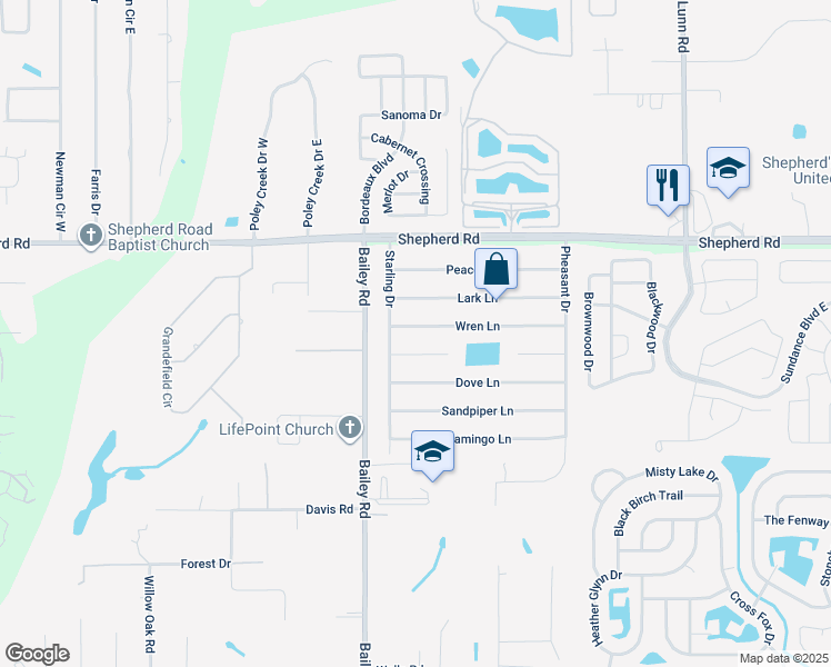 map of restaurants, bars, coffee shops, grocery stores, and more near 3500 Wren Lane in Mulberry