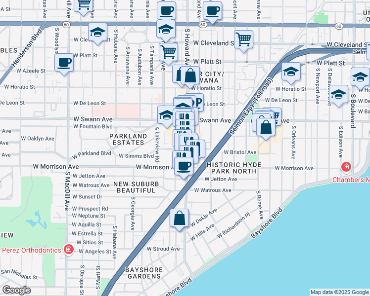 map of restaurants, bars, coffee shops, grocery stores, and more near 2311 West Morrison Avenue in Tampa
