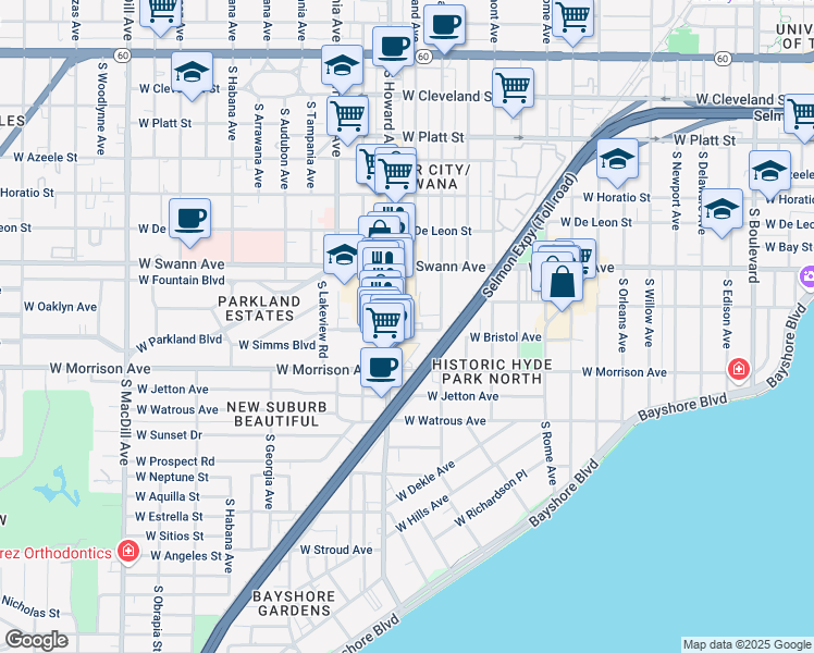 map of restaurants, bars, coffee shops, grocery stores, and more near 2100 West Swann Avenue in Tampa