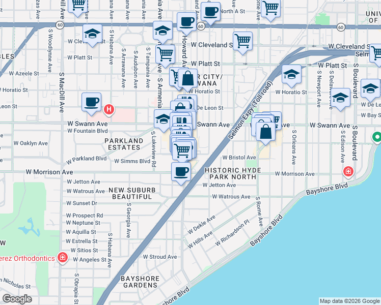 map of restaurants, bars, coffee shops, grocery stores, and more near 2100 West Swann Avenue in Tampa