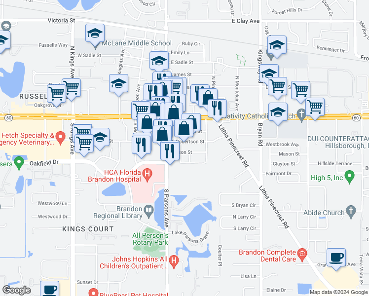 map of restaurants, bars, coffee shops, grocery stores, and more near 206 East Robertson Street in Brandon