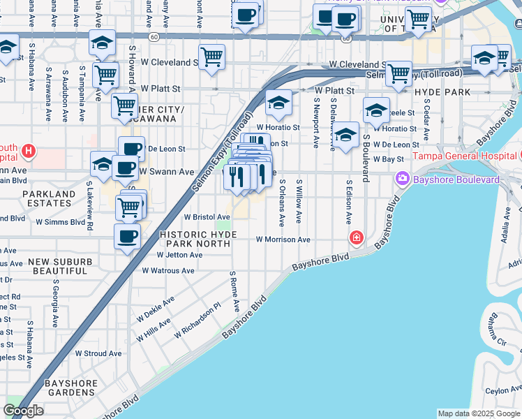 map of restaurants, bars, coffee shops, grocery stores, and more near 726 West Inman Avenue in Tampa
