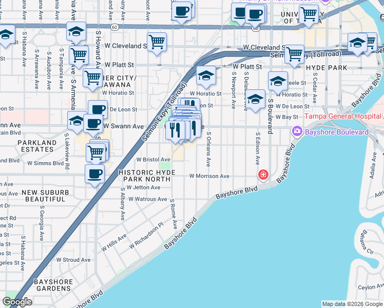 map of restaurants, bars, coffee shops, grocery stores, and more near 726 West Inman Avenue in Tampa
