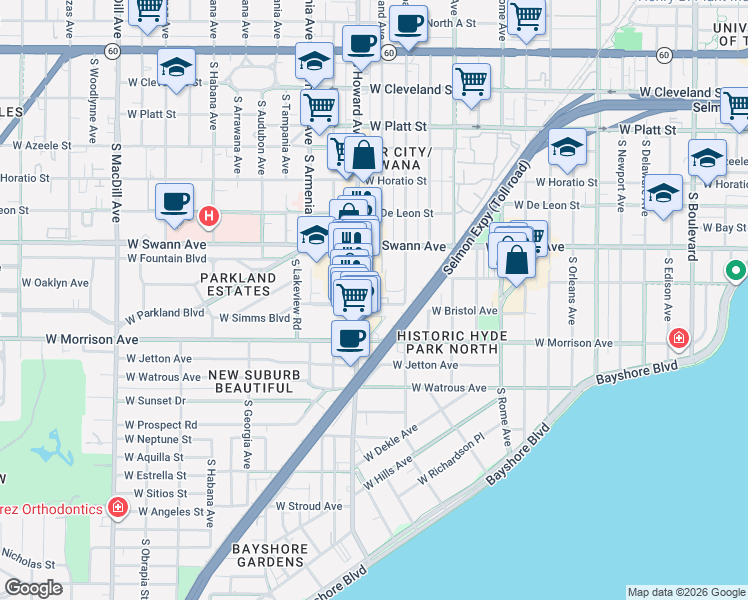 map of restaurants, bars, coffee shops, grocery stores, and more near 2100 West Swann Avenue in Tampa
