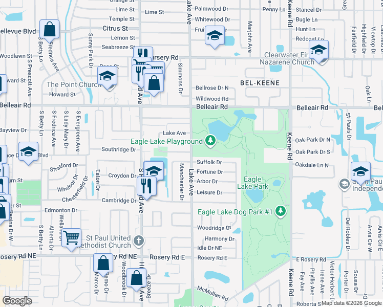 map of restaurants, bars, coffee shops, grocery stores, and more near 1660 Monoco Drive in Clearwater