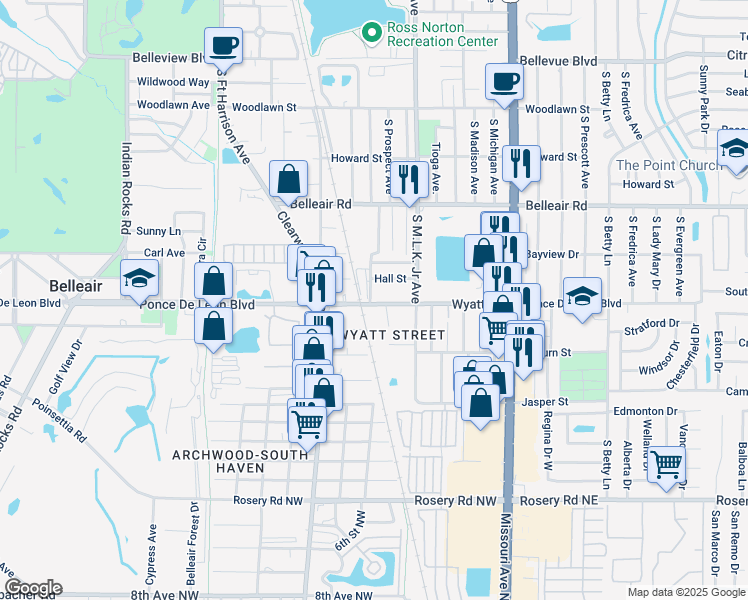 map of restaurants, bars, coffee shops, grocery stores, and more near 1680 Tilley Avenue in Clearwater