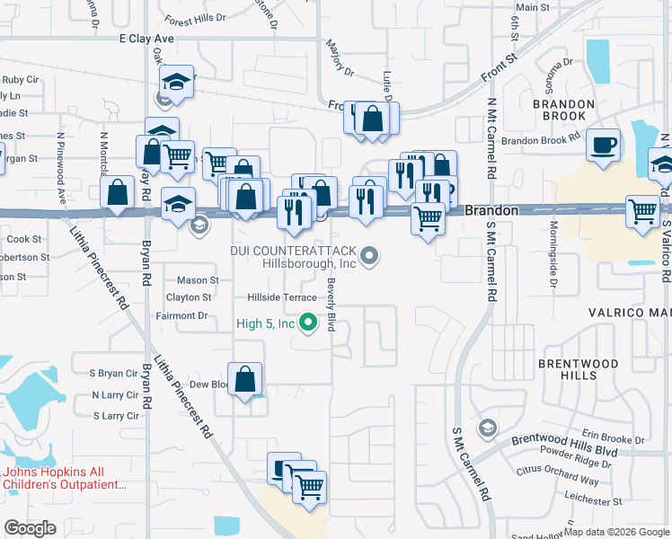 map of restaurants, bars, coffee shops, grocery stores, and more near 304 Beverly Boulevard in Brandon