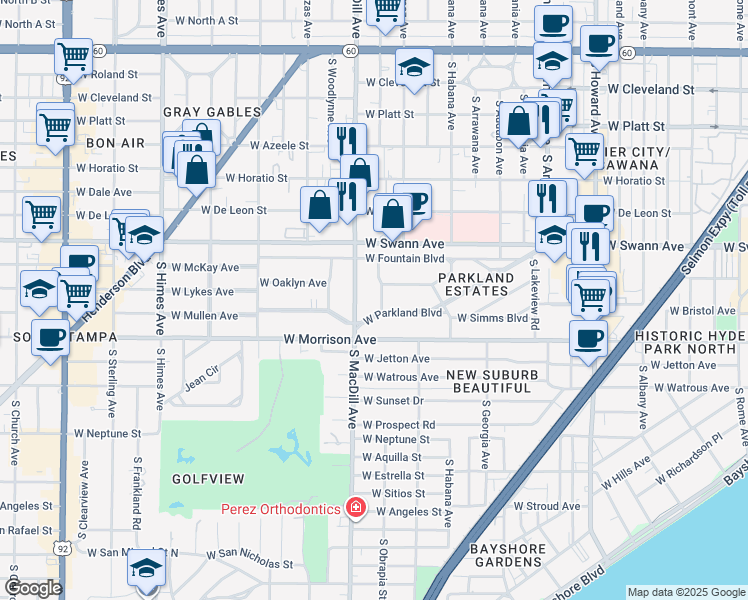 map of restaurants, bars, coffee shops, grocery stores, and more near 809 South Woodlyn Drive in Tampa