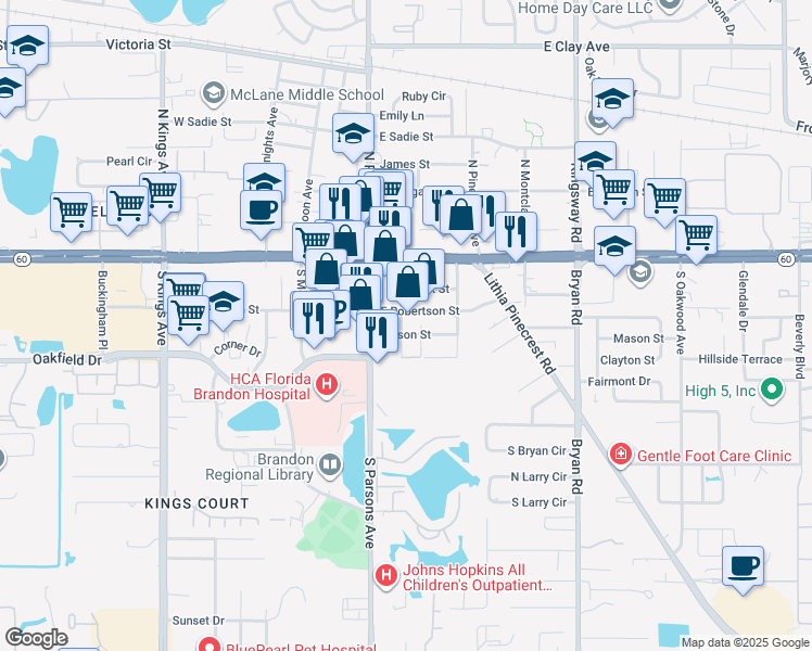 map of restaurants, bars, coffee shops, grocery stores, and more near 202 Mason Street in Brandon