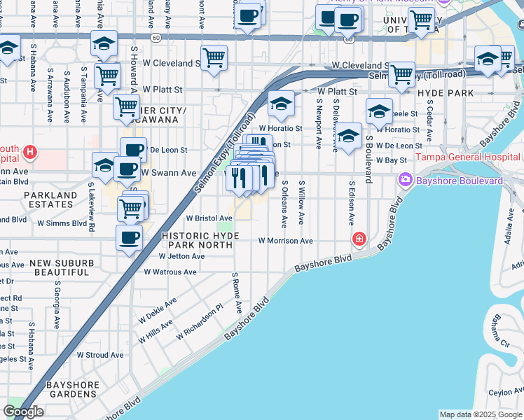 map of restaurants, bars, coffee shops, grocery stores, and more near 726 West Inman Avenue in Tampa