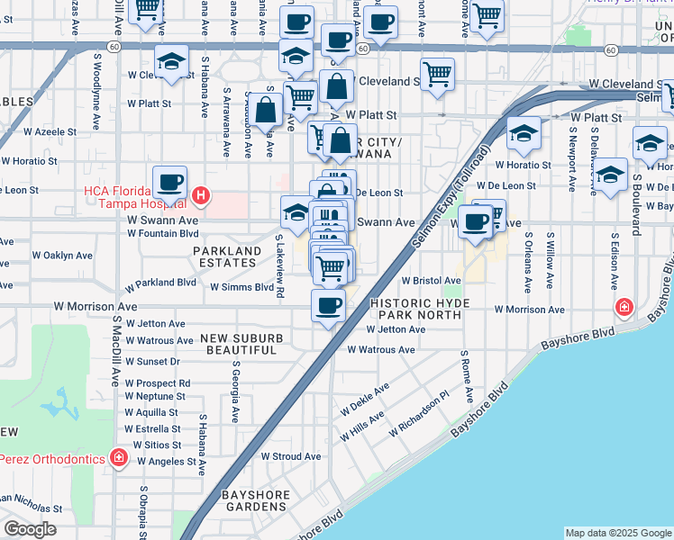 map of restaurants, bars, coffee shops, grocery stores, and more near 809 South Howard Avenue in Tampa