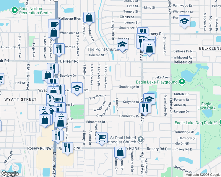 map of restaurants, bars, coffee shops, grocery stores, and more near 1400 Southridge Drive in Clearwater