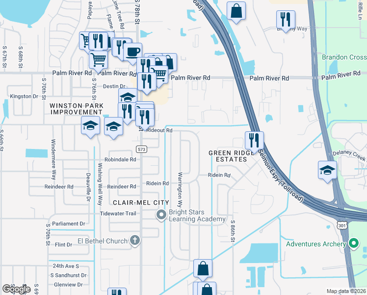 map of restaurants, bars, coffee shops, grocery stores, and more near 1304 Warrington Way in Tampa