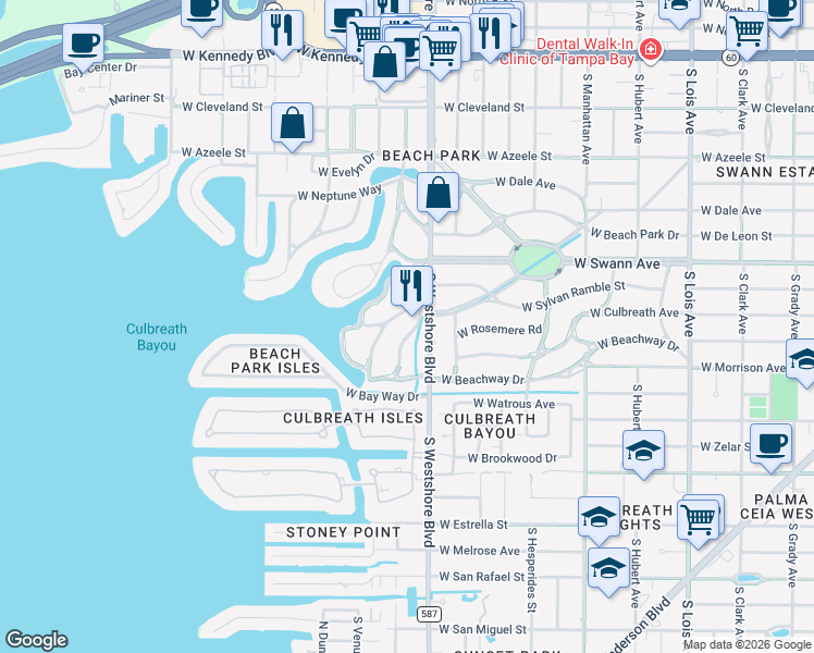 map of restaurants, bars, coffee shops, grocery stores, and more near 4807 West Woodmere Road in Tampa