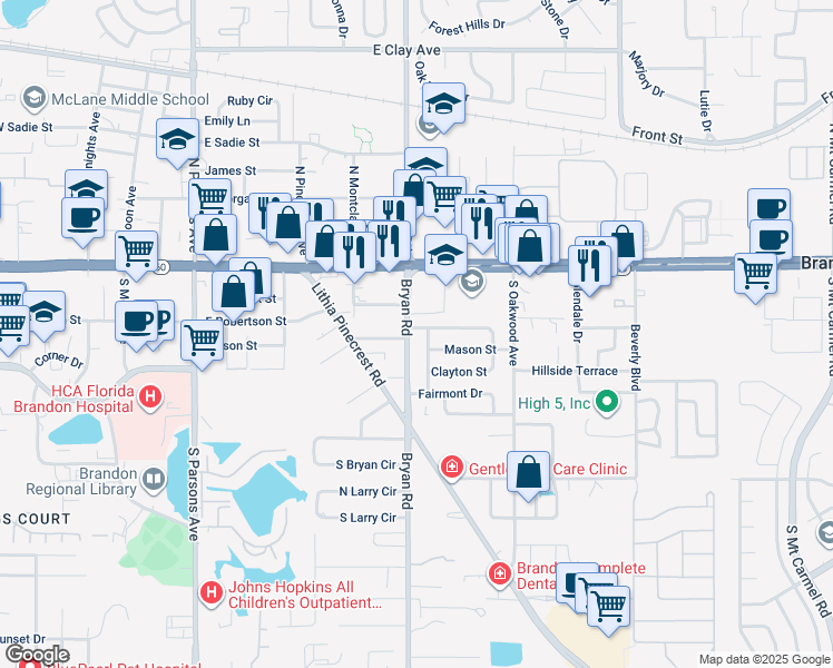 map of restaurants, bars, coffee shops, grocery stores, and more near 603 Westbrook Avenue in Brandon