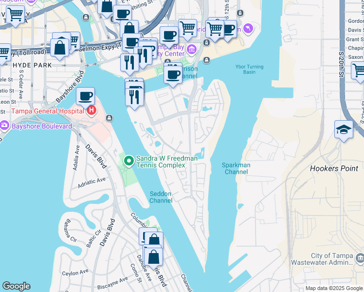 map of restaurants, bars, coffee shops, grocery stores, and more near 501 Knights Run Avenue in Tampa