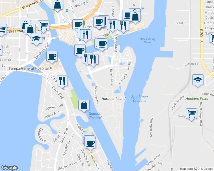 map of restaurants, bars, coffee shops, grocery stores, and more near 1002 South Harbour Island Boulevard in Tampa