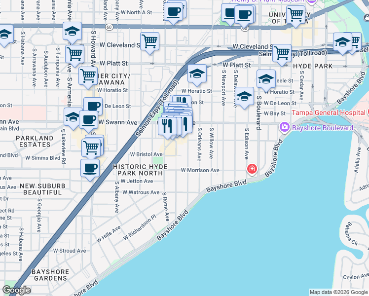map of restaurants, bars, coffee shops, grocery stores, and more near 726 West Inman Avenue in Tampa