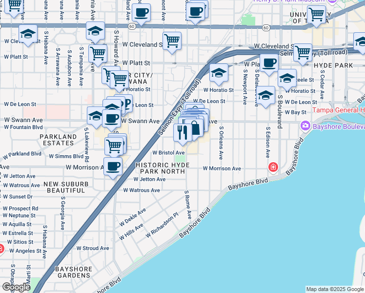 map of restaurants, bars, coffee shops, grocery stores, and more near 800 South Packwood Avenue in Tampa
