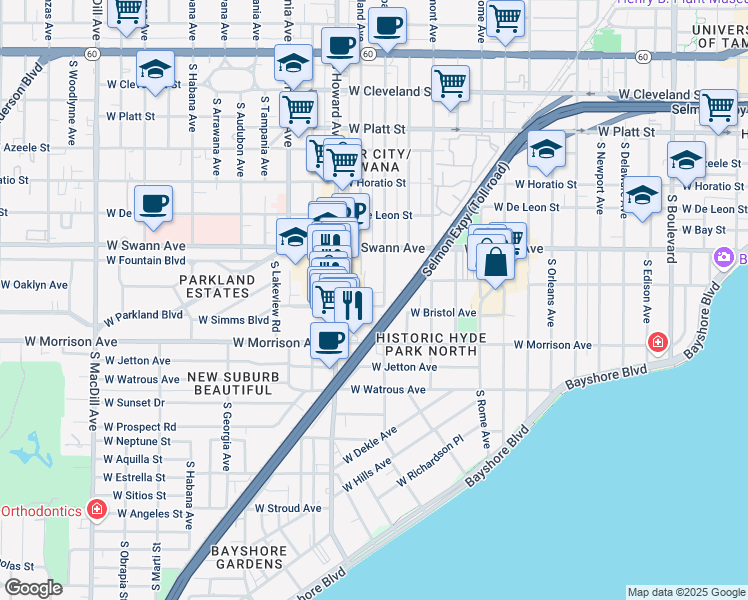 map of restaurants, bars, coffee shops, grocery stores, and more near 2100 West Swann Avenue in Tampa