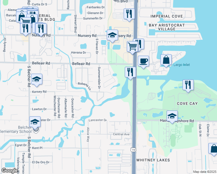 map of restaurants, bars, coffee shops, grocery stores, and more near 2489 Foggy Creek Circle in Clearwater