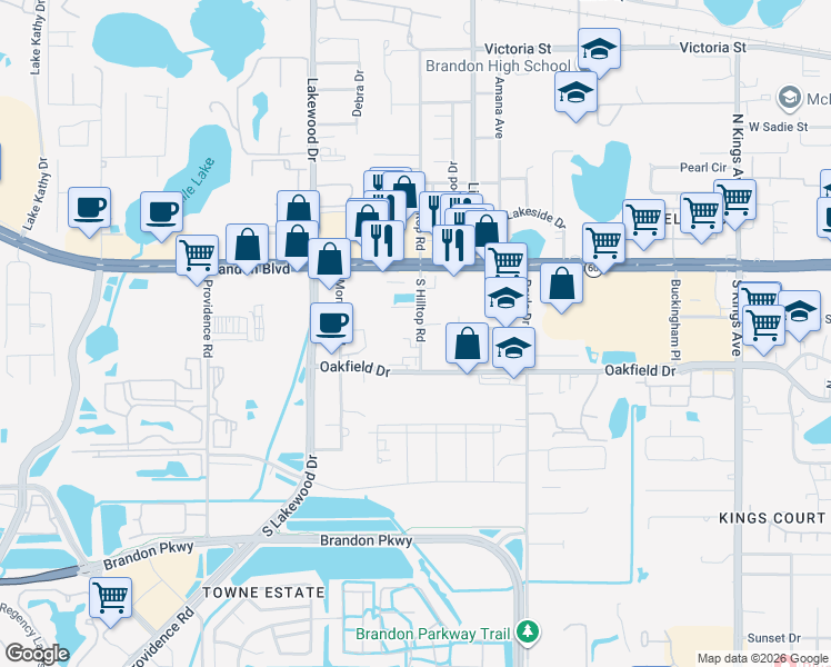 map of restaurants, bars, coffee shops, grocery stores, and more near 1508 Spitz Court in Brandon