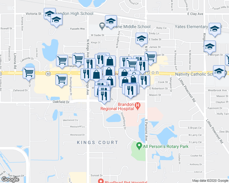 map of restaurants, bars, coffee shops, grocery stores, and more near 330 West Robertson Street in Brandon