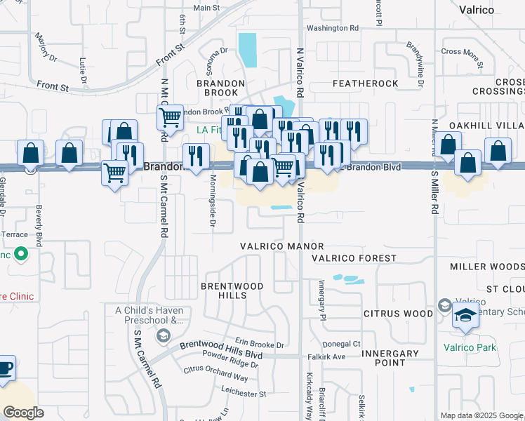 map of restaurants, bars, coffee shops, grocery stores, and more near 1960 Crown Park Drive in Valrico