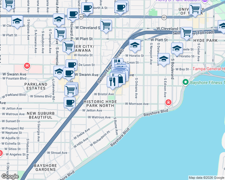 map of restaurants, bars, coffee shops, grocery stores, and more near 800 South Packwood Avenue in Tampa