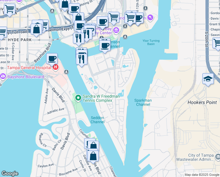 map of restaurants, bars, coffee shops, grocery stores, and more near 1002 South Harbour Island Boulevard in Tampa