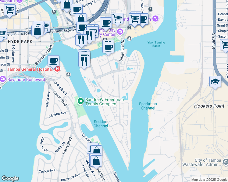 map of restaurants, bars, coffee shops, grocery stores, and more near 1002 South Harbour Island Boulevard in Tampa