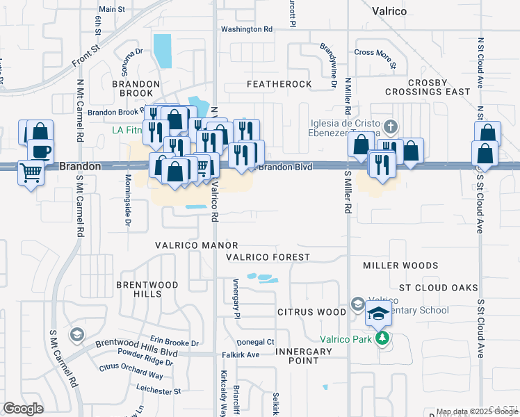 map of restaurants, bars, coffee shops, grocery stores, and more near 2125 Florida 60 in Valrico