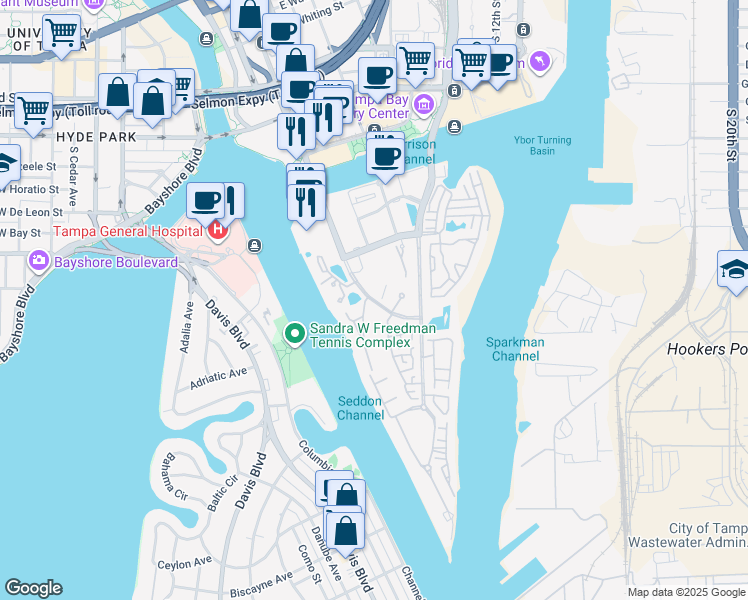 map of restaurants, bars, coffee shops, grocery stores, and more near 900 South Harbour Island Boulevard in Tampa