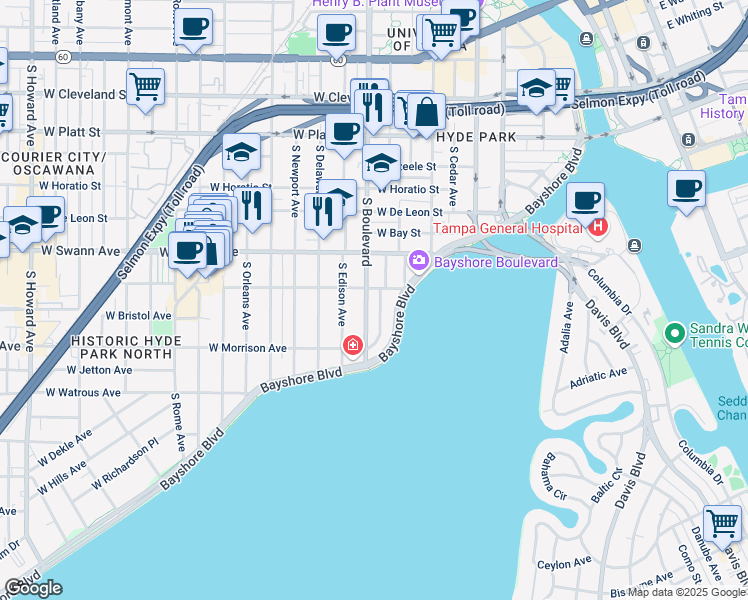 map of restaurants, bars, coffee shops, grocery stores, and more near 722 South Boulevard in Tampa