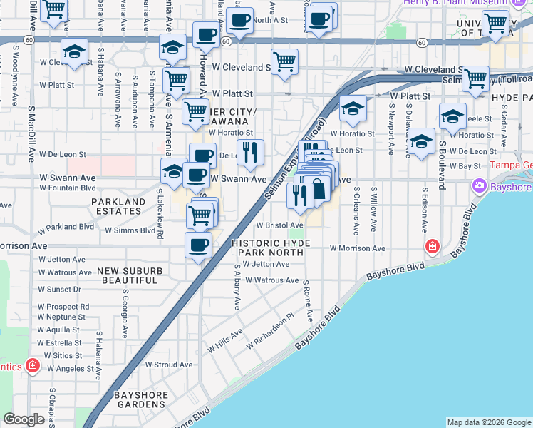 map of restaurants, bars, coffee shops, grocery stores, and more near 801 South Fremont Avenue in Tampa