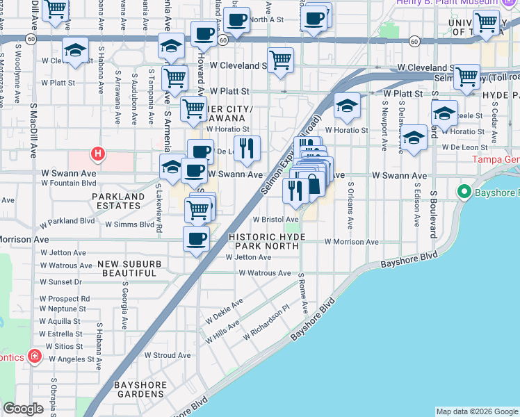 map of restaurants, bars, coffee shops, grocery stores, and more near 801 South Fremont Avenue in Tampa