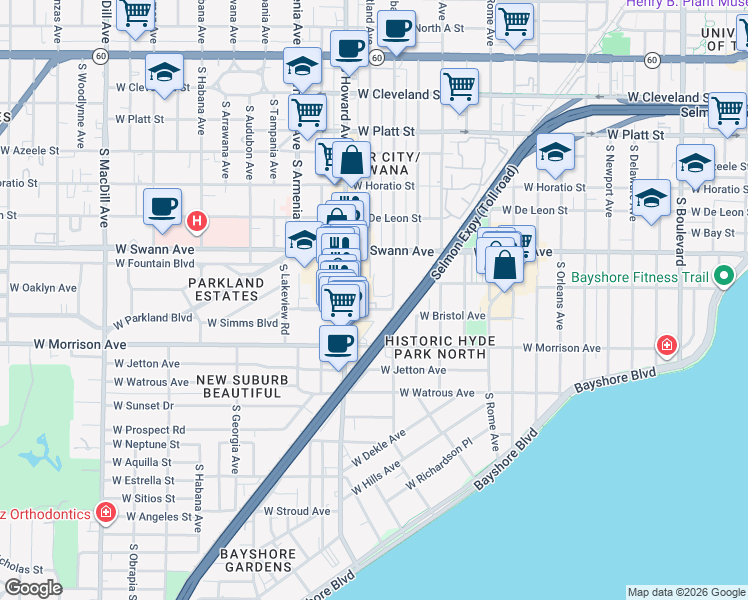 map of restaurants, bars, coffee shops, grocery stores, and more near 2100 West Swann Avenue in Tampa
