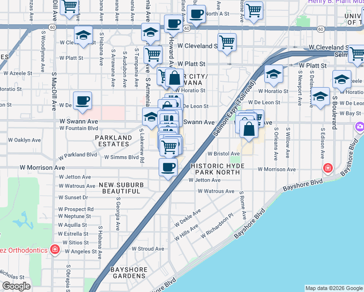 map of restaurants, bars, coffee shops, grocery stores, and more near 2100 West Swann Avenue in Tampa