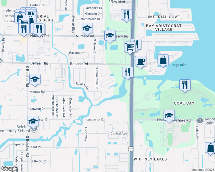 map of restaurants, bars, coffee shops, grocery stores, and more near 2489 Foggy Creek Circle in Clearwater