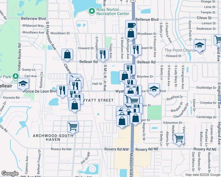 map of restaurants, bars, coffee shops, grocery stores, and more near 1110 Wyatt Street in Clearwater