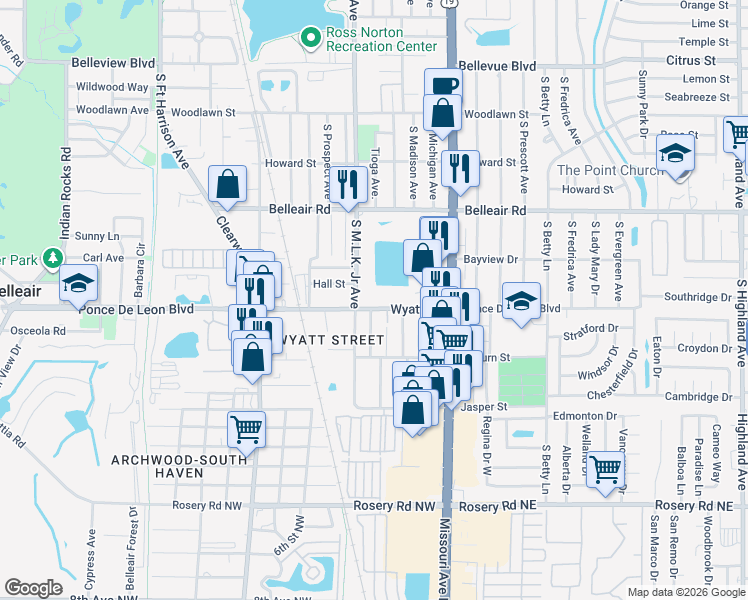 map of restaurants, bars, coffee shops, grocery stores, and more near 1110 Wyatt Street in Clearwater