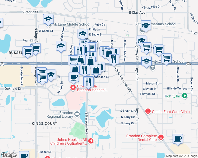 map of restaurants, bars, coffee shops, grocery stores, and more near 206 East Robertson Street in Brandon