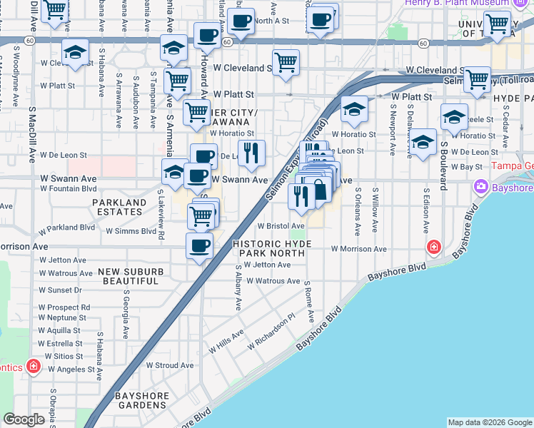 map of restaurants, bars, coffee shops, grocery stores, and more near 801 South Fremont Avenue in Tampa