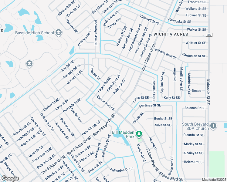 map of restaurants, bars, coffee shops, grocery stores, and more near 1271 Rabbit Street Southeast in Palm Bay