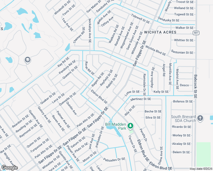 map of restaurants, bars, coffee shops, grocery stores, and more near 1305 Rabbit Street Southeast in Palm Bay
