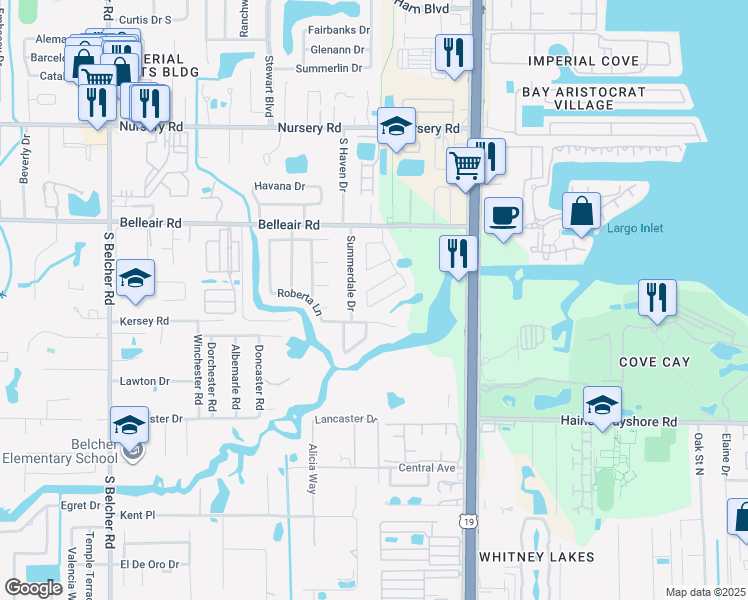 map of restaurants, bars, coffee shops, grocery stores, and more near 2489 Foggy Creek Circle in Clearwater