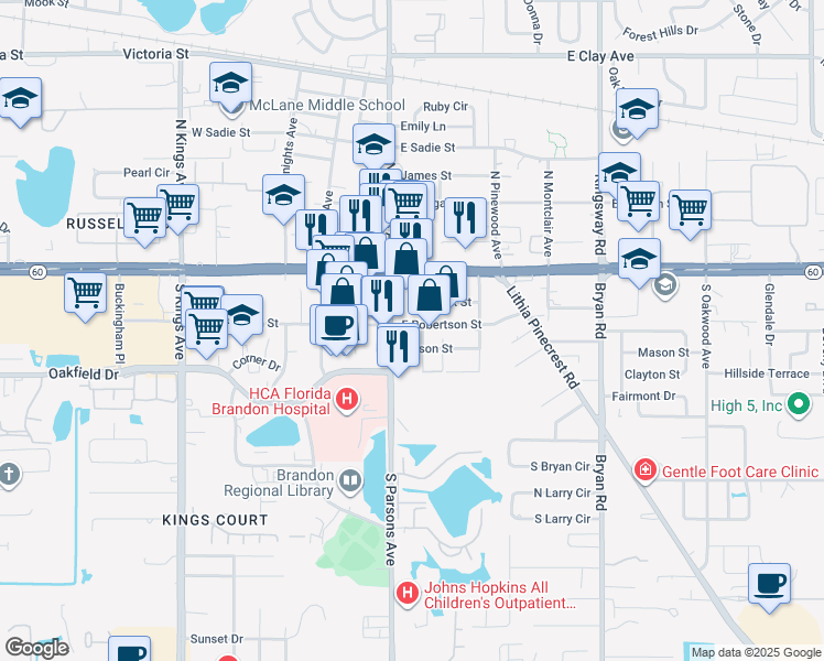 map of restaurants, bars, coffee shops, grocery stores, and more near 137 South Parsons Avenue in Brandon