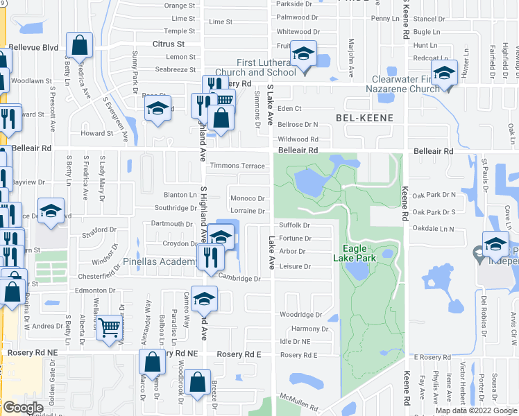 map of restaurants, bars, coffee shops, grocery stores, and more near 1662 South Lake Avenue in Clearwater