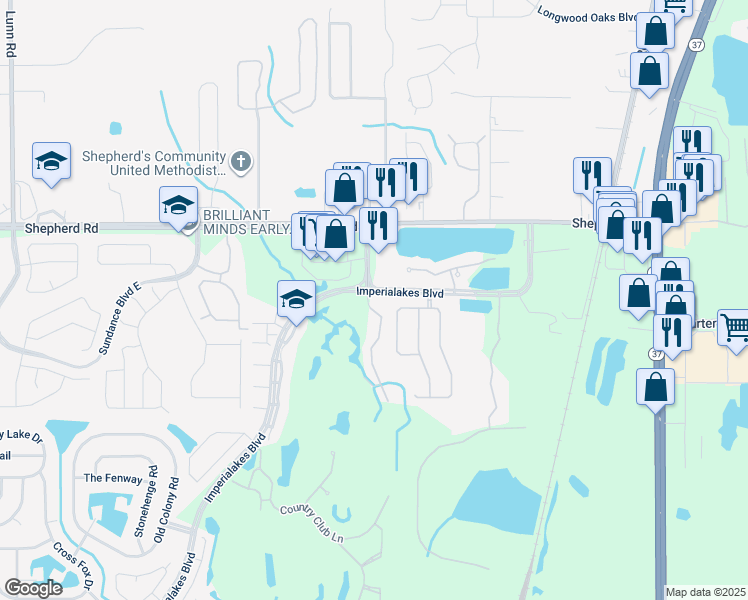 map of restaurants, bars, coffee shops, grocery stores, and more near Imperialakes Boulevard in Mulberry
